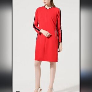 TAIFUN red stripe jersey zip pocket shift long sleeve mini shift dress